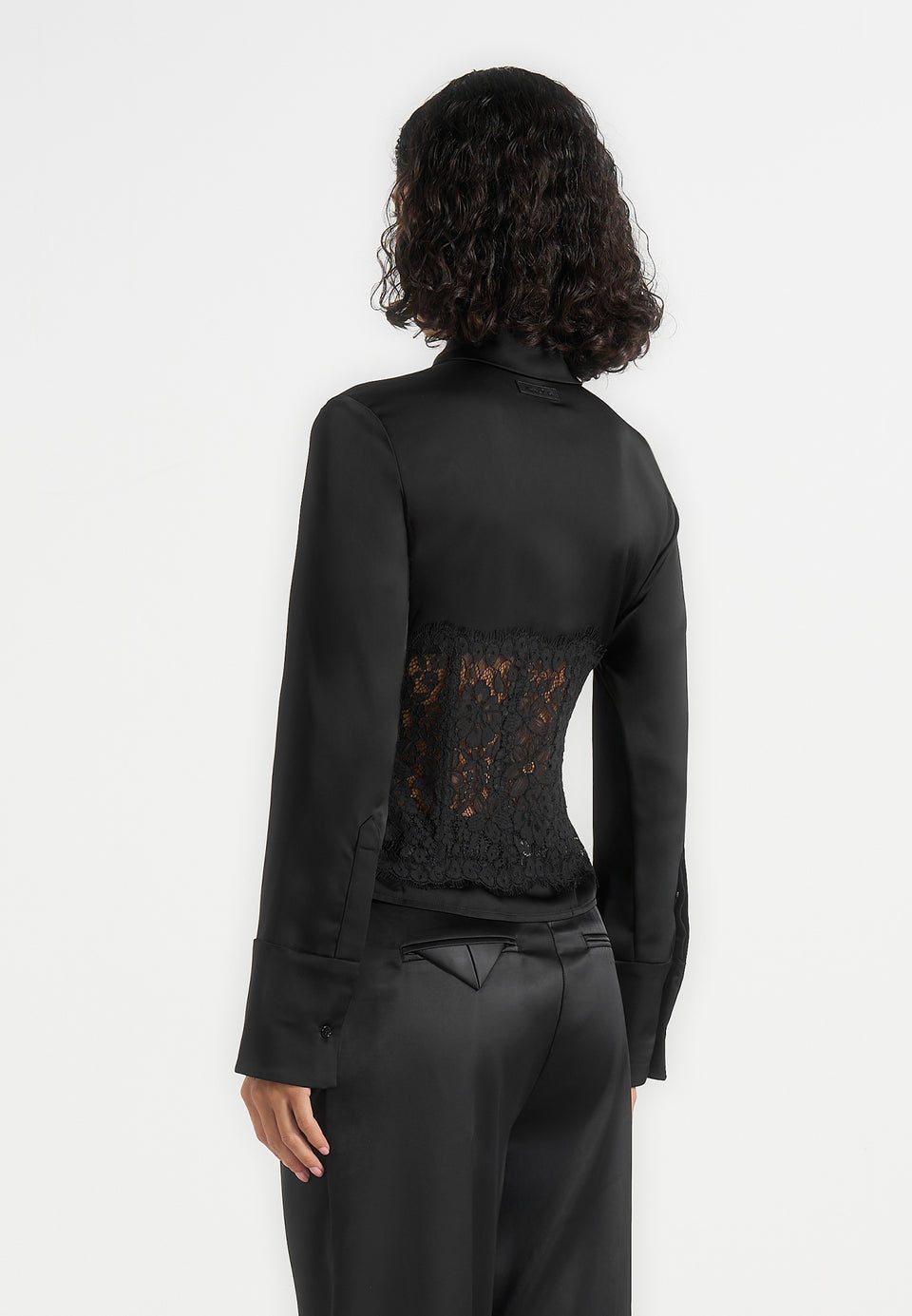 Ethel - Satin Shirt With Lace Corset Panel - Black