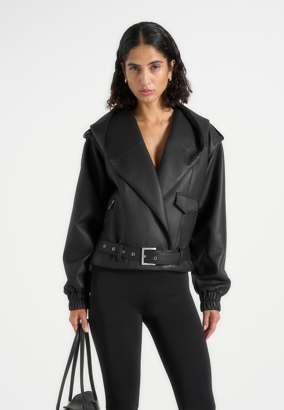 Tamsin - Hooded Cropped Leather Jacket With Belt - Black