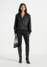 Tamsin - Hooded Cropped Leather Jacket With Belt - Black