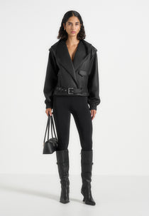 Tamsin - Hooded Cropped Leather Jacket With Belt - Black