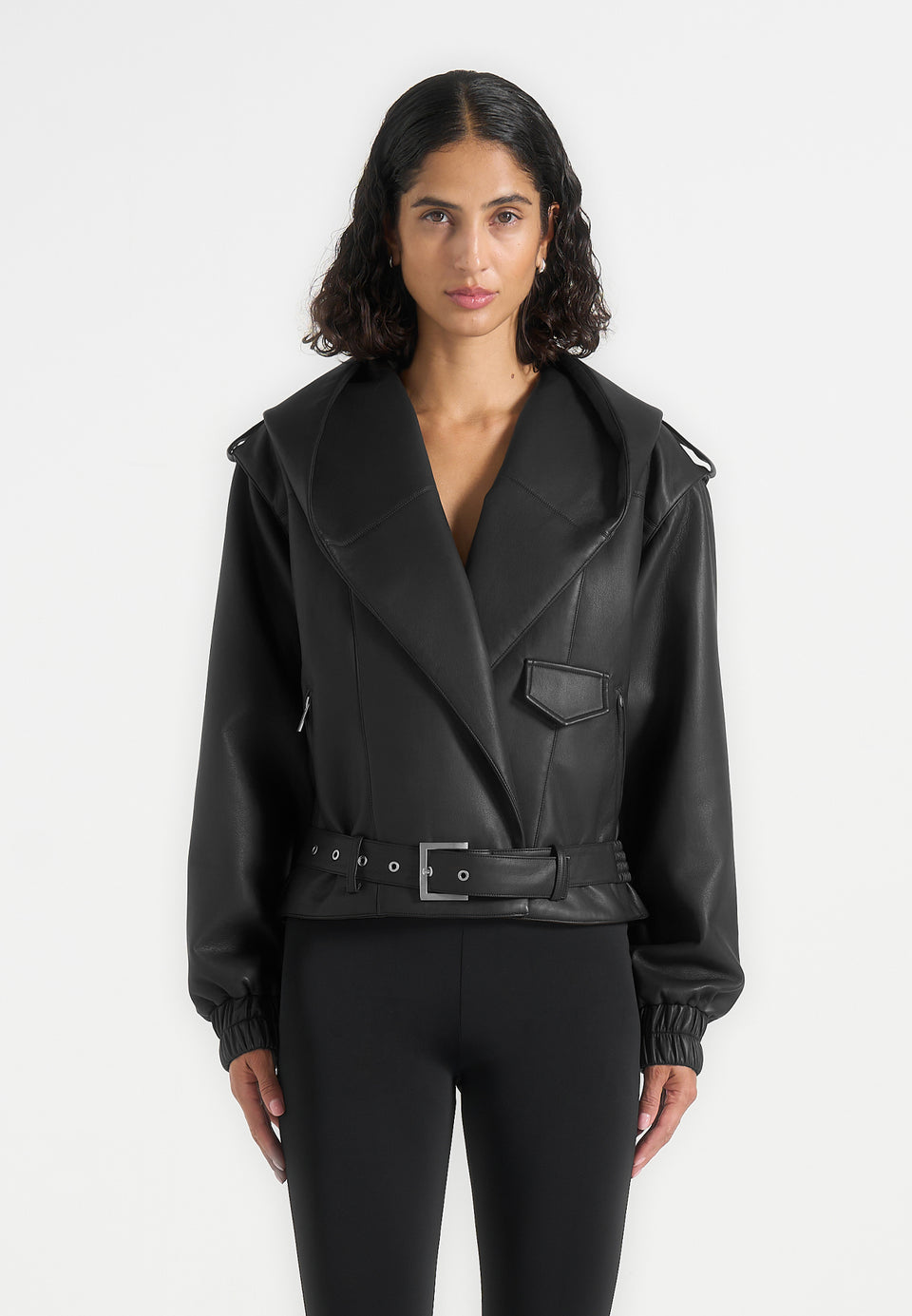 Tamsin - Hooded Cropped Leather Jacket With Belt - Black