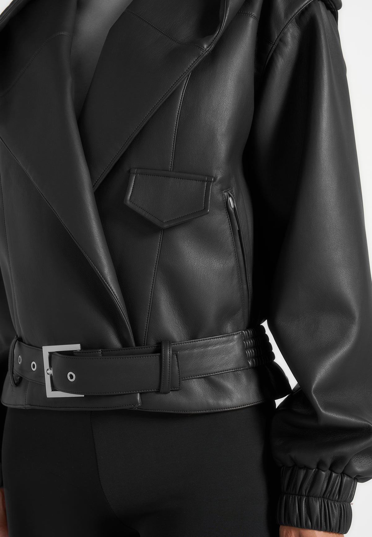 Tamsin - Hooded Cropped Leather Jacket With Belt - Black