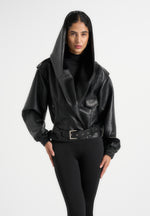 Tamsin - Hooded Cropped Leather Jacket With Belt - Black