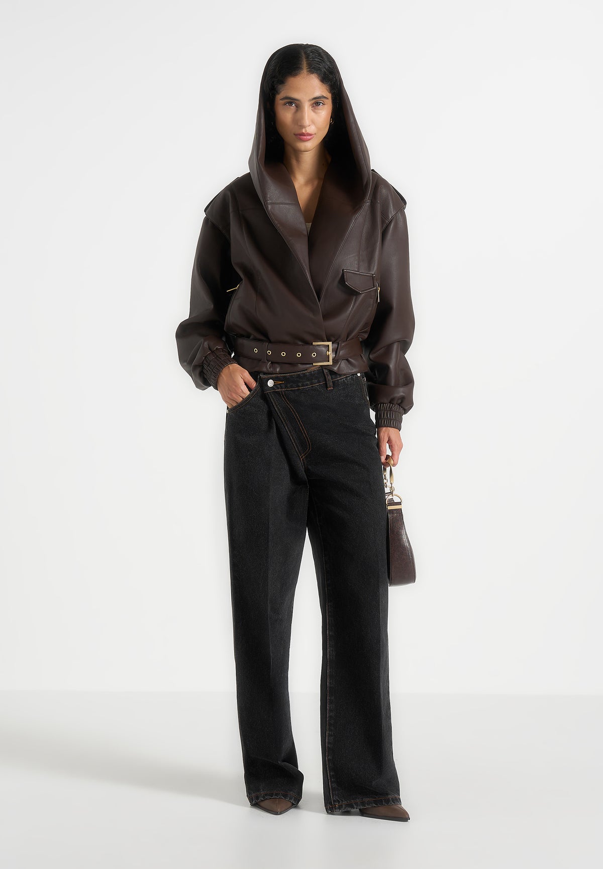 Tamsin - Hooded Cropped Leather Jacket With Belt - Brown