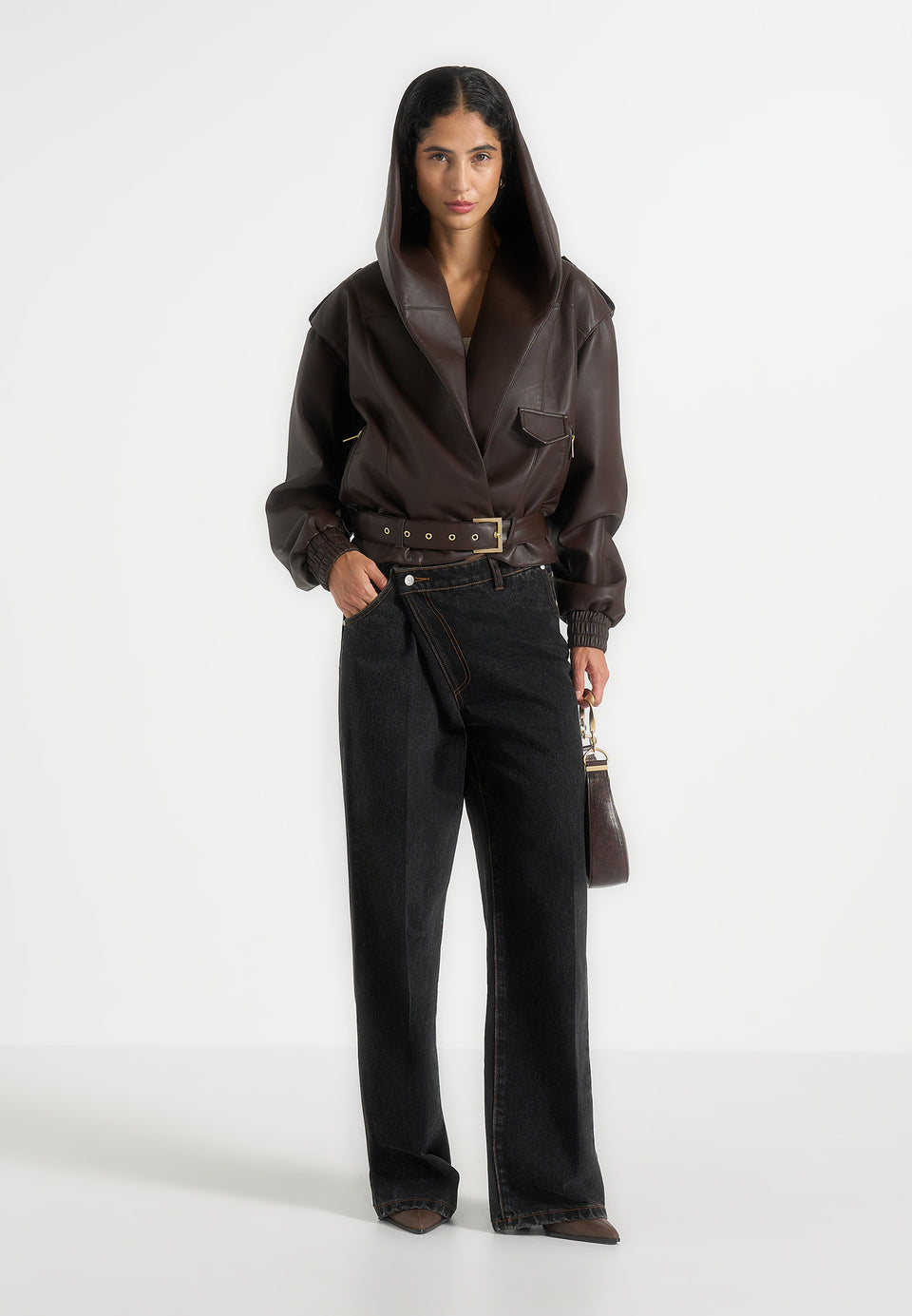 Tamsin - Hooded Cropped Leather Jacket With Belt - Brown