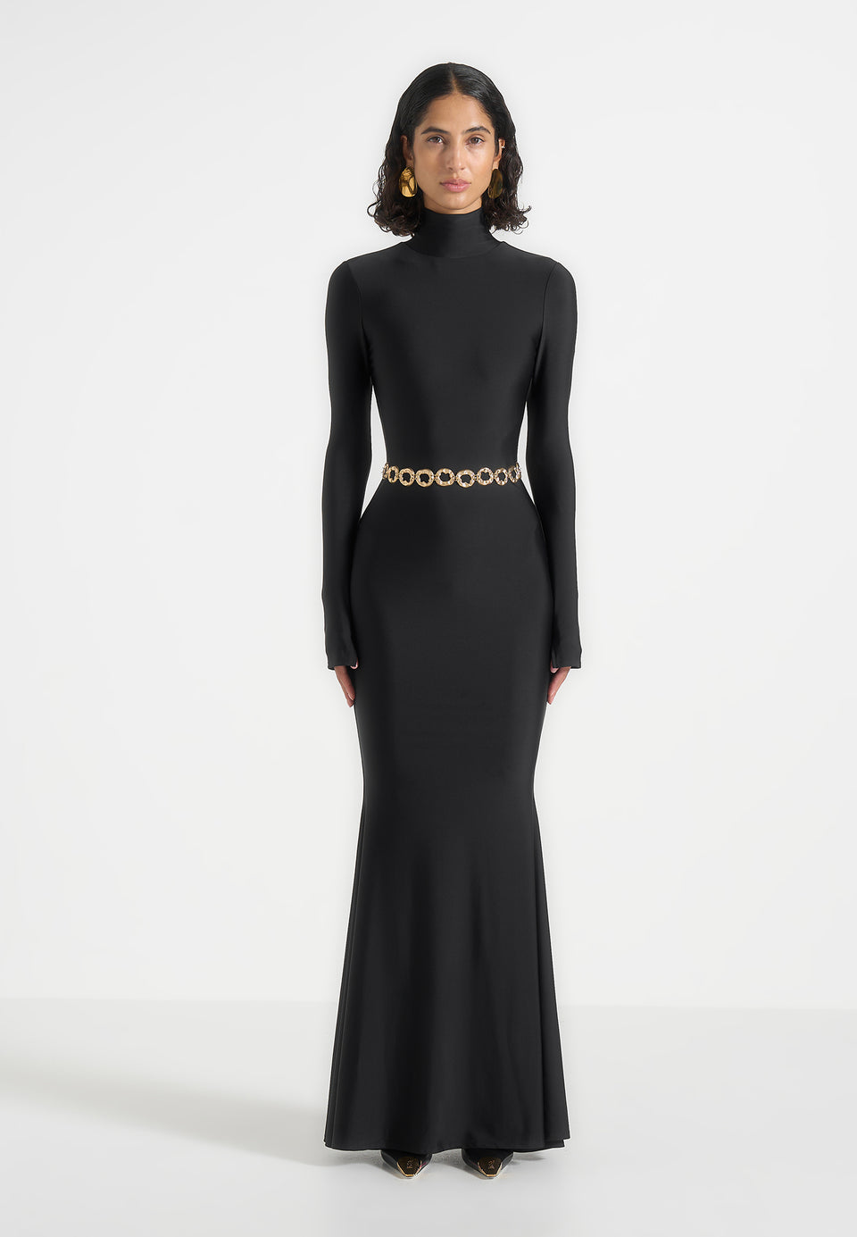 Angelica - High Neck Long Sleeve Maxi Dress With Chain Belt - Black