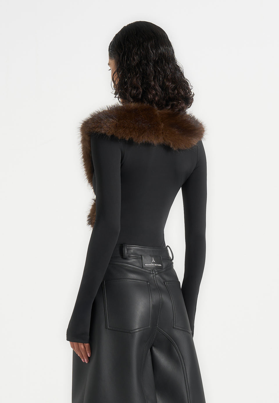 Suki - Fur Collar Long Sleeve Bodysuit - Black / Brown