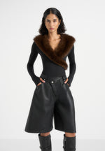 Suki - Fur Collar Long Sleeve Bodysuit - Black / Brown
