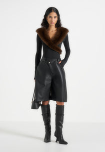 Suki - Fur Collar Long Sleeve Bodysuit - Black / Brown