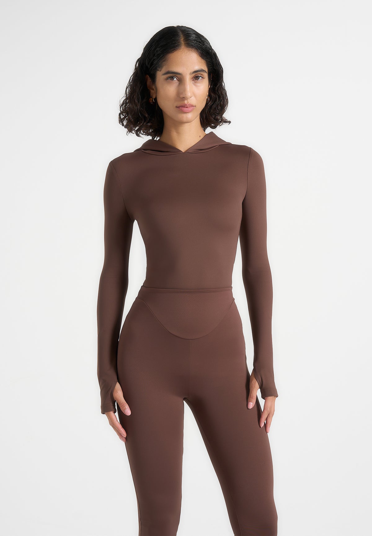 Elara - Hooded Long Sleeve Bodysuit - Brown