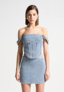 Bonnie - Boucle Denim Bardot Corset Top - Mid Blue