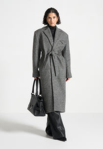 Jena - Wide Shoulder Wool Coat with Cinch Belt - Grey