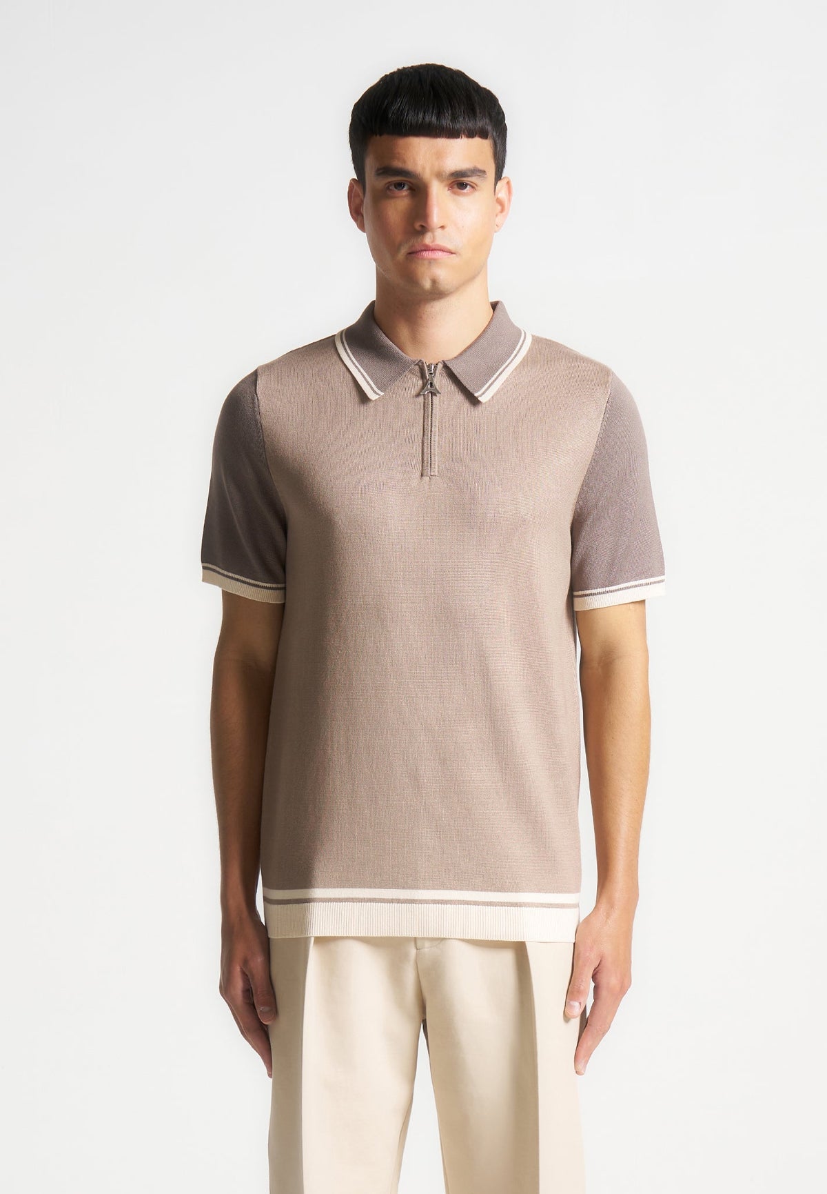 Cole - Colour Block Zip Polo Shirt - Taupe