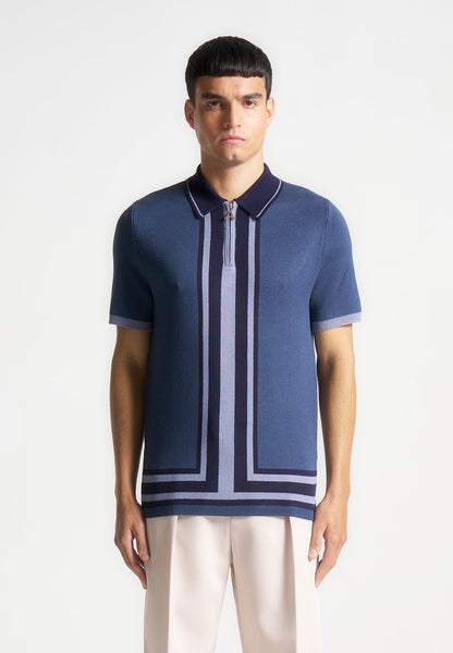 Contrast Border Knit Zip Polo Shirt - Blue | Manière De Voir