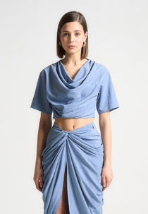 Cowl Neck Drape T-Shirt - Blue