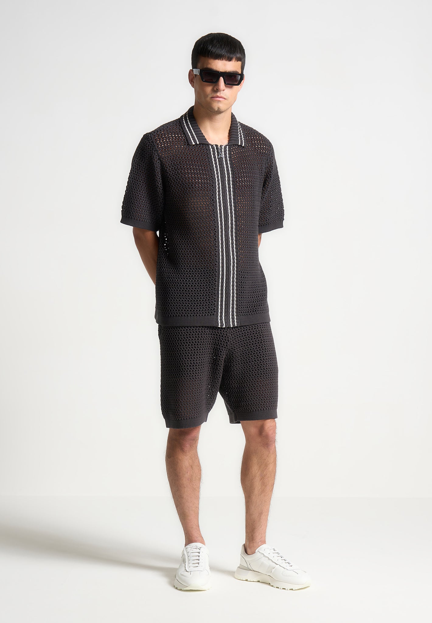 crochet-knit-stripe-shorts-charcoal-grey