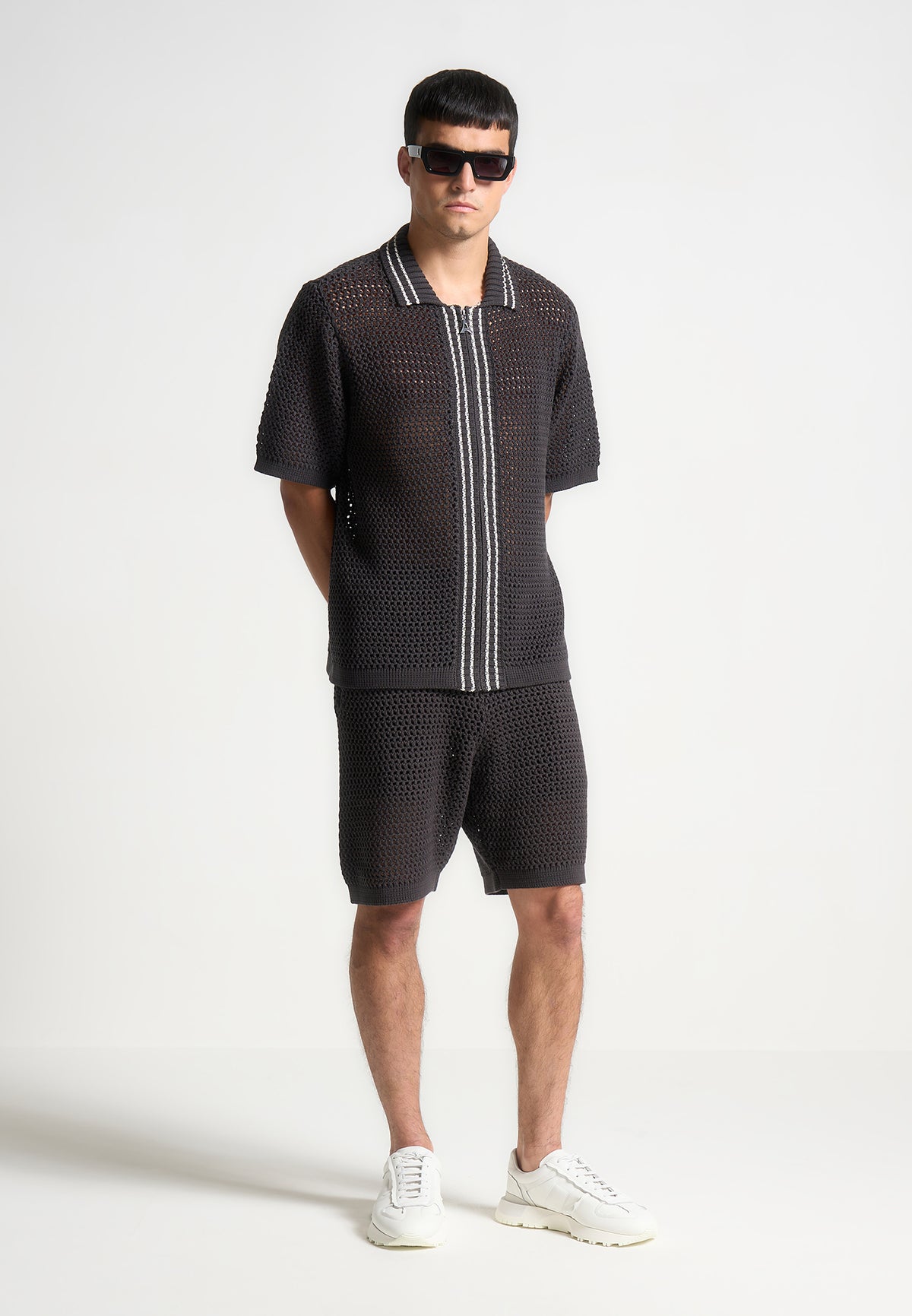 Crochet Knit Stripe Shorts - Charcoal Grey