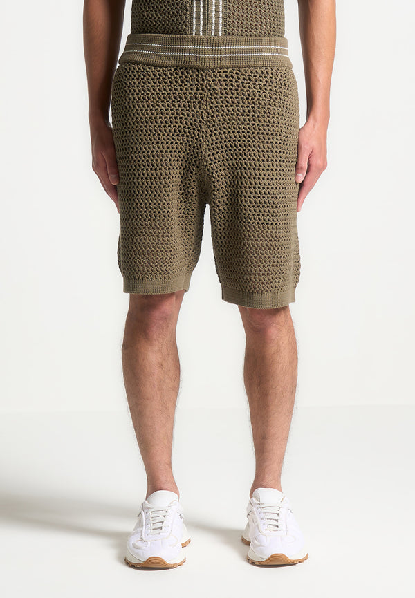 Crochet Knit Stripe Shorts - Khaki