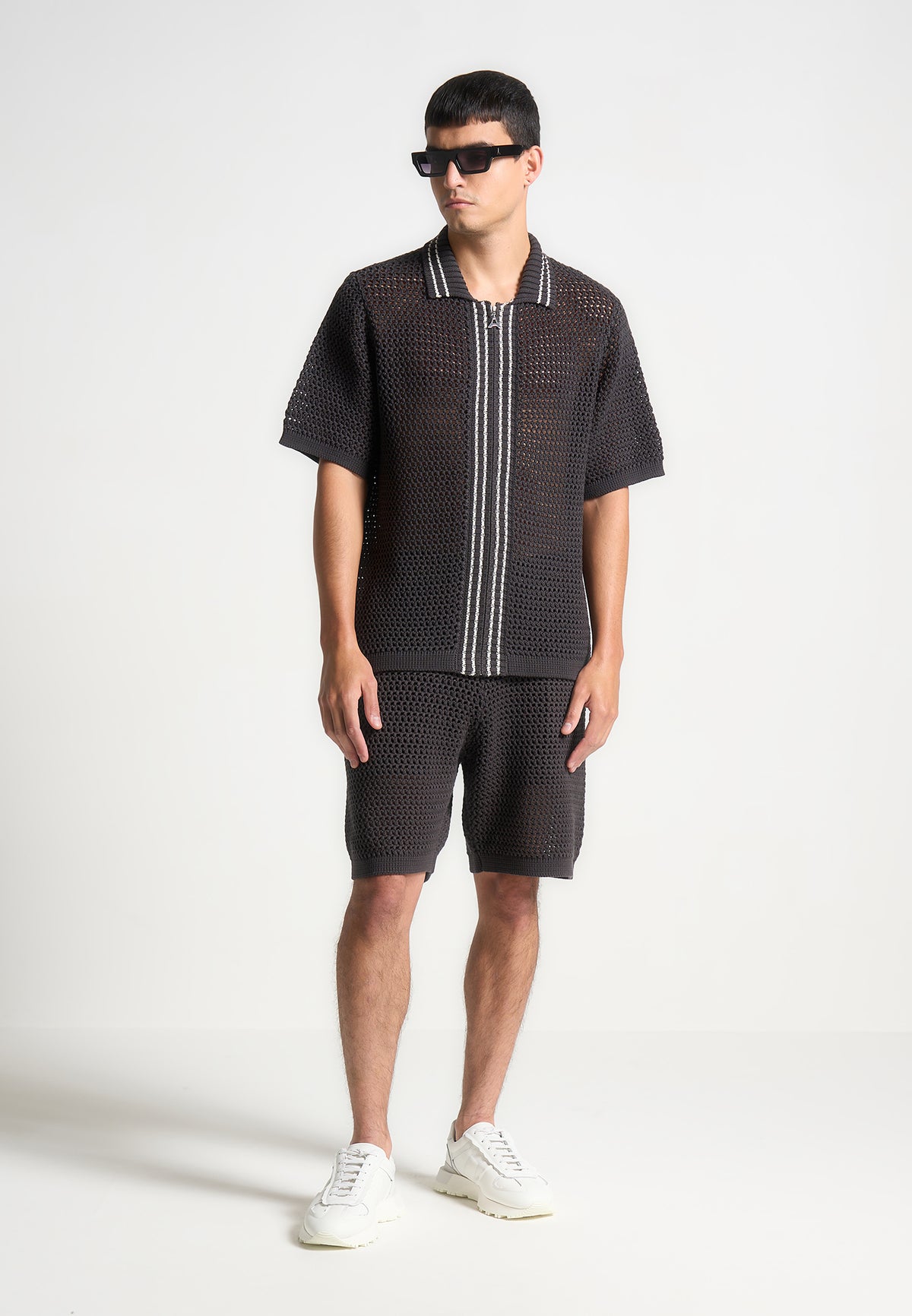 Crochet Knit Stripe Zip Shirt - Charcoal Grey
