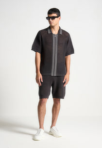 Crochet Knit Stripe Zip Shirt - Charcoal Grey