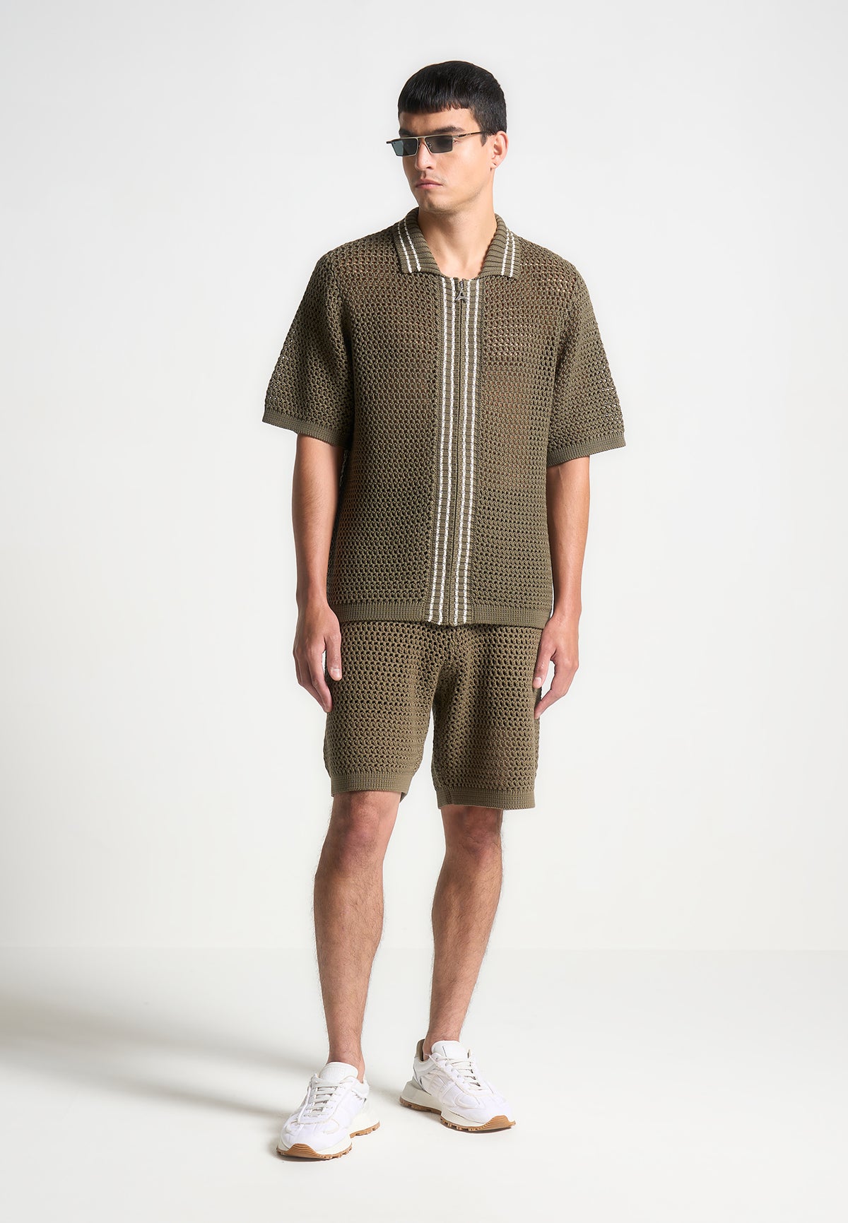 Crochet Knit Stripe Zip Shirt - Khaki