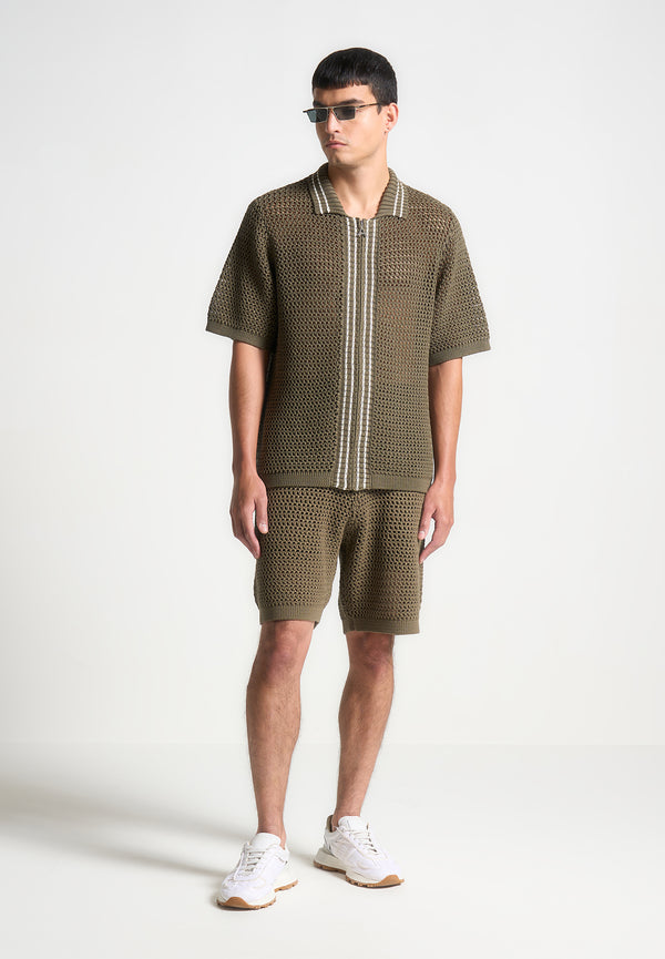 Crochet Knit Stripe Zip Shirt - Khaki