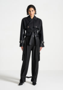 Cropped Trench Coat with Belt - Black