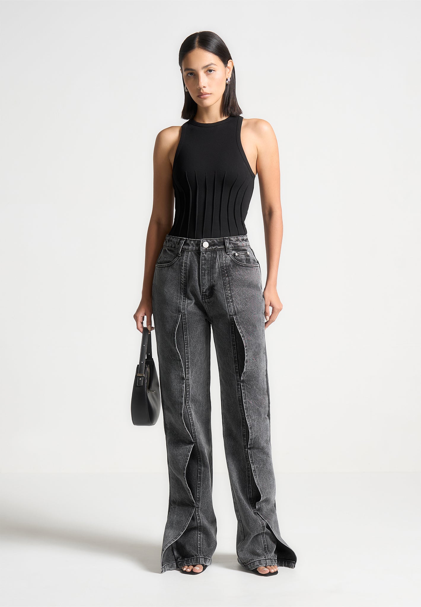 Contour Pleated Racer Bodysuit - Black