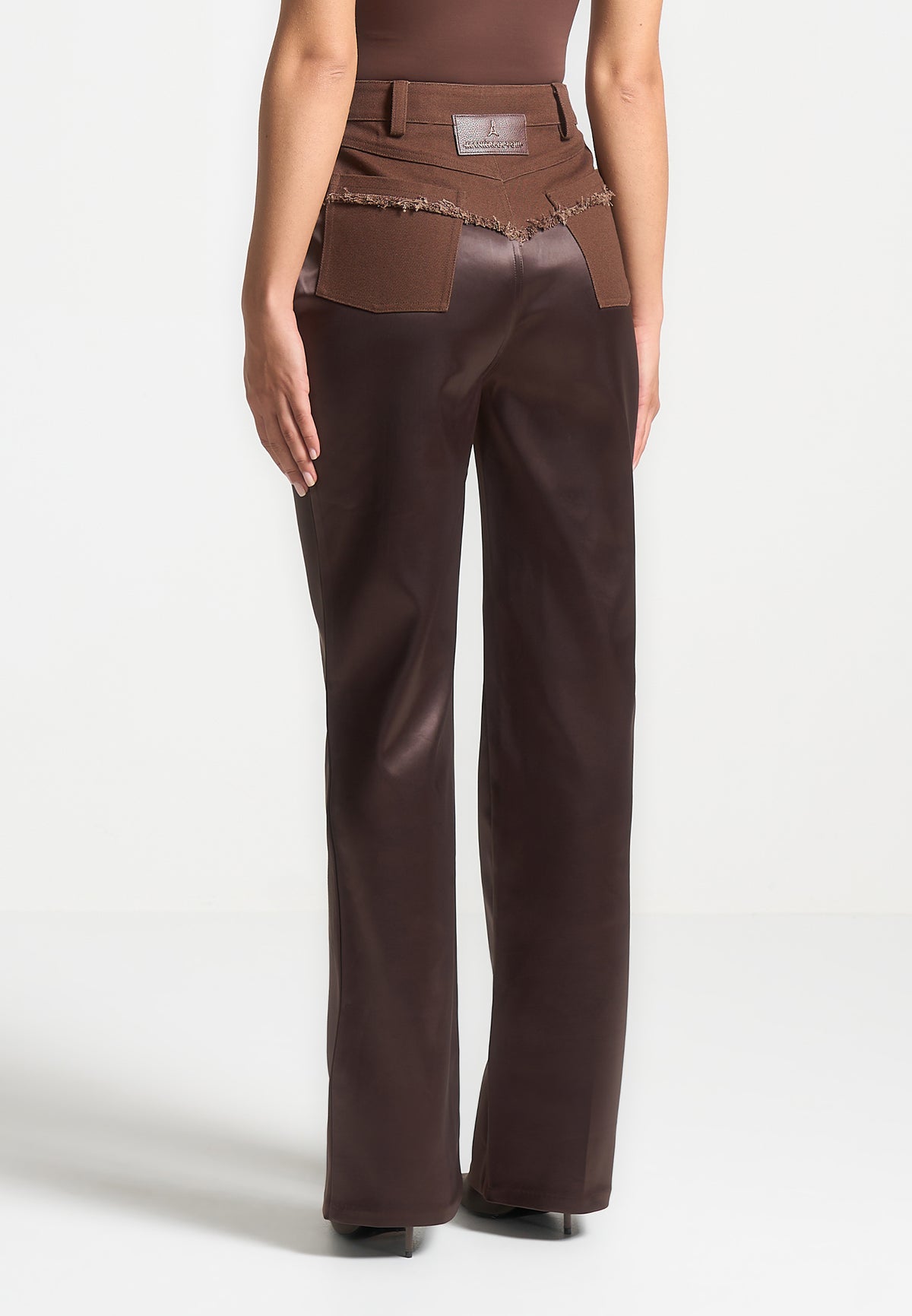 Distressed Drill & Satin Trousers - Brown