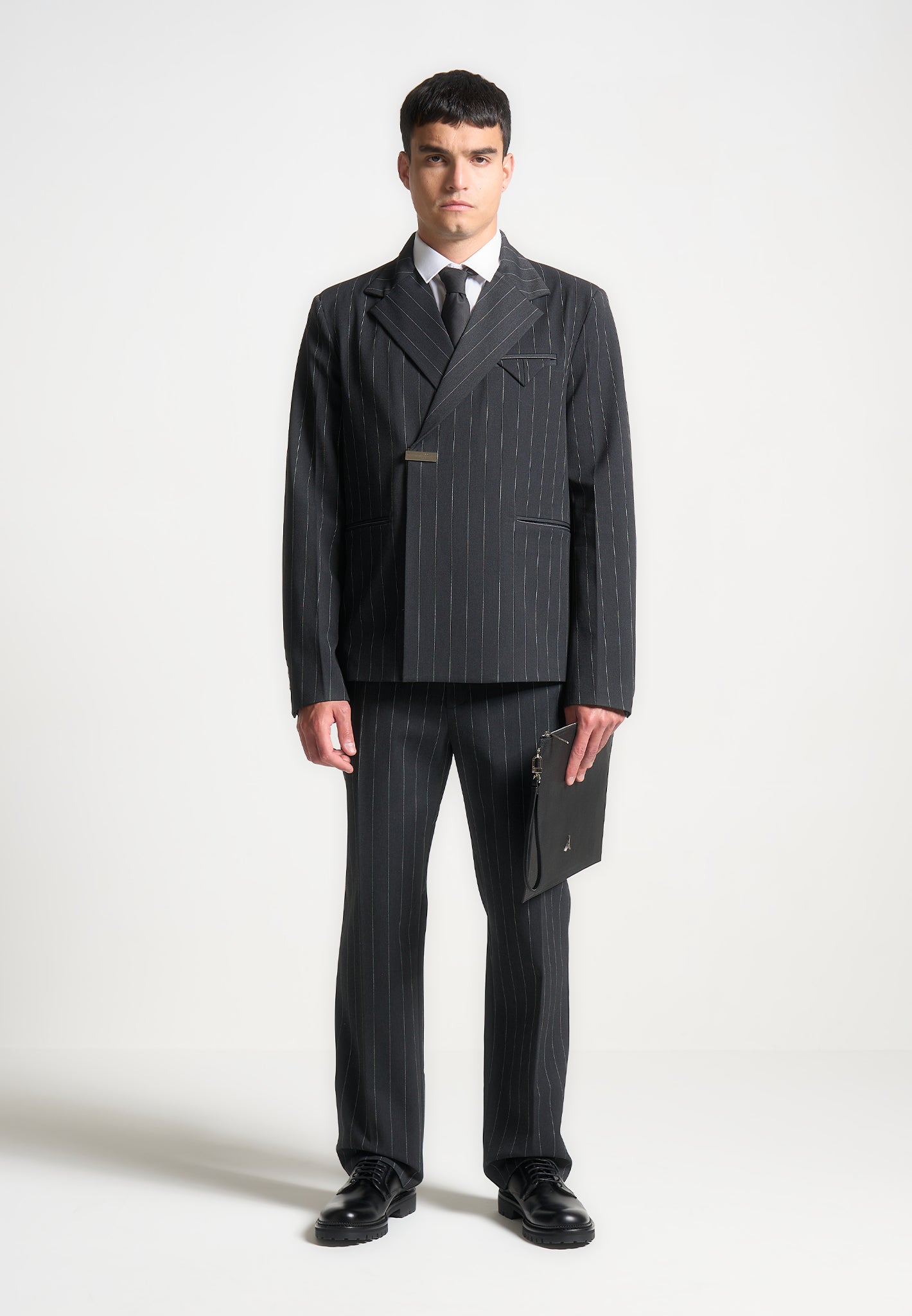 Gaston Double Breasted Pinstripe Suit Jacket Grey