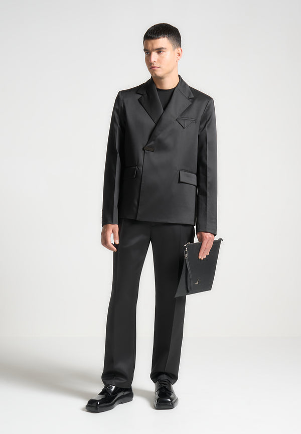 Gaston - Double Breasted Satin Suit Jacket - Black