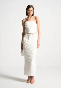Draped Mesh Denim Maxi Skirt - White