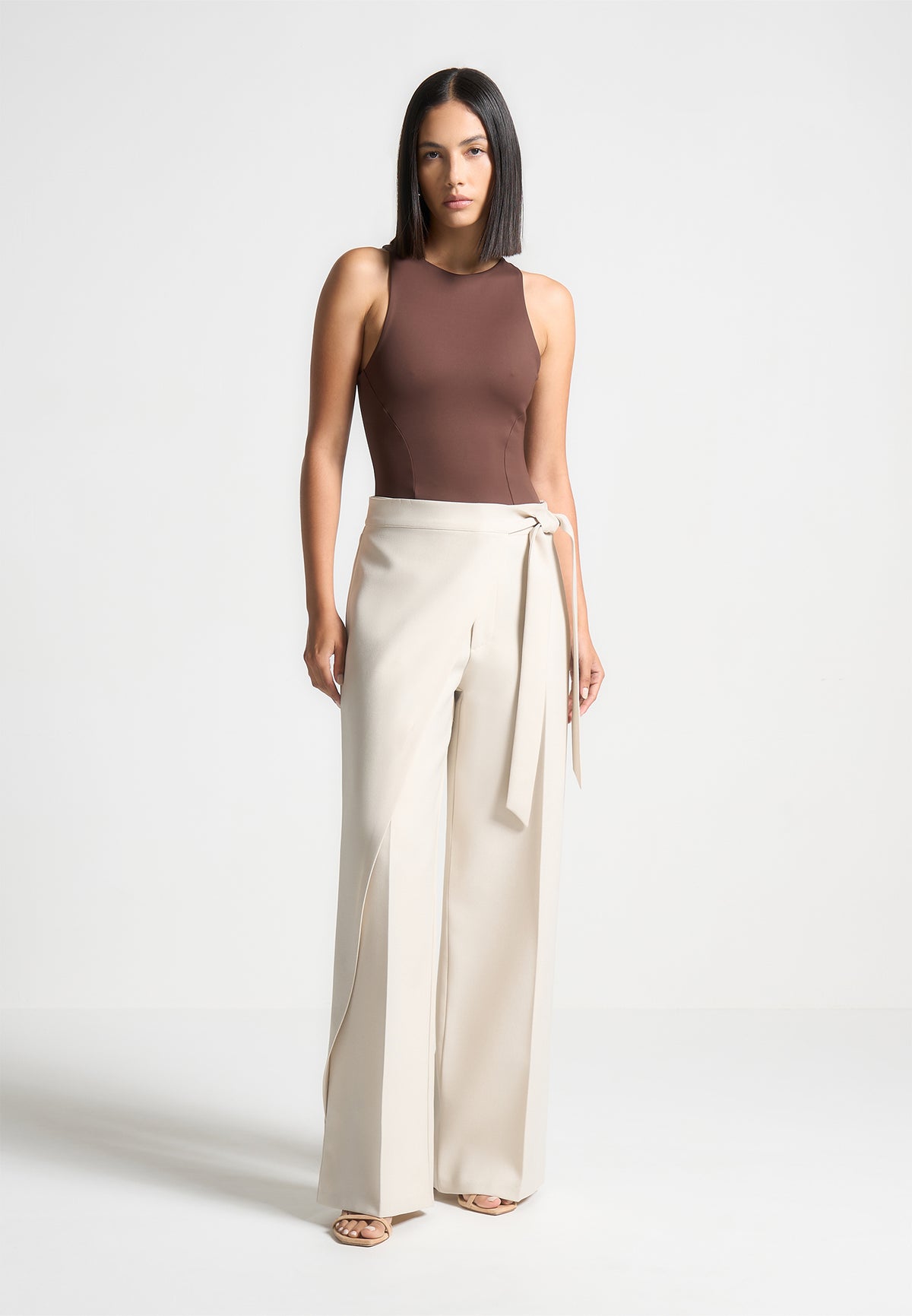 Ines - Double Layer Racer Neck Bodysuit - Brown
