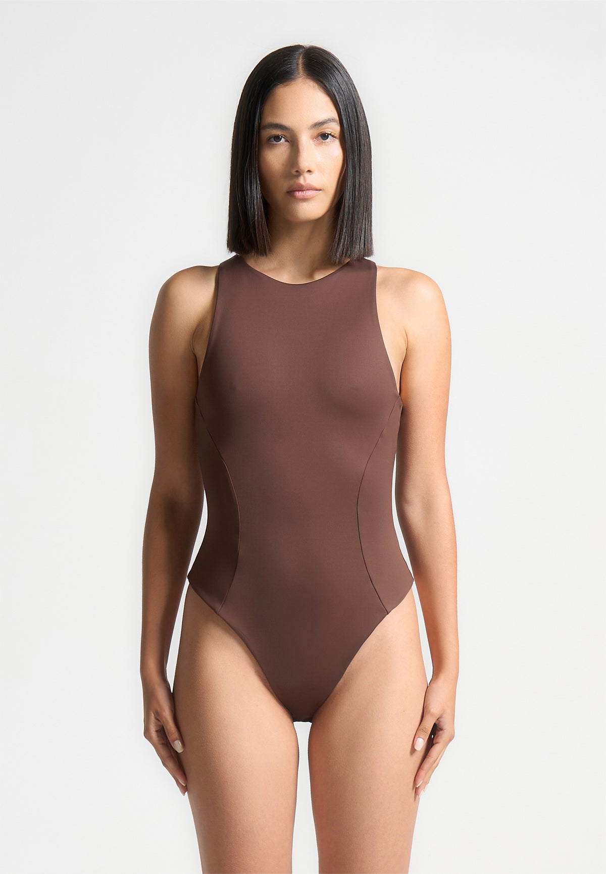Ines - Double Layer Racer Neck Bodysuit - Brown
