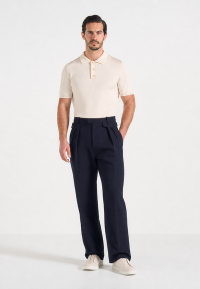 Pierre - Twin Pleat Tailored Trousers - Dark Navy