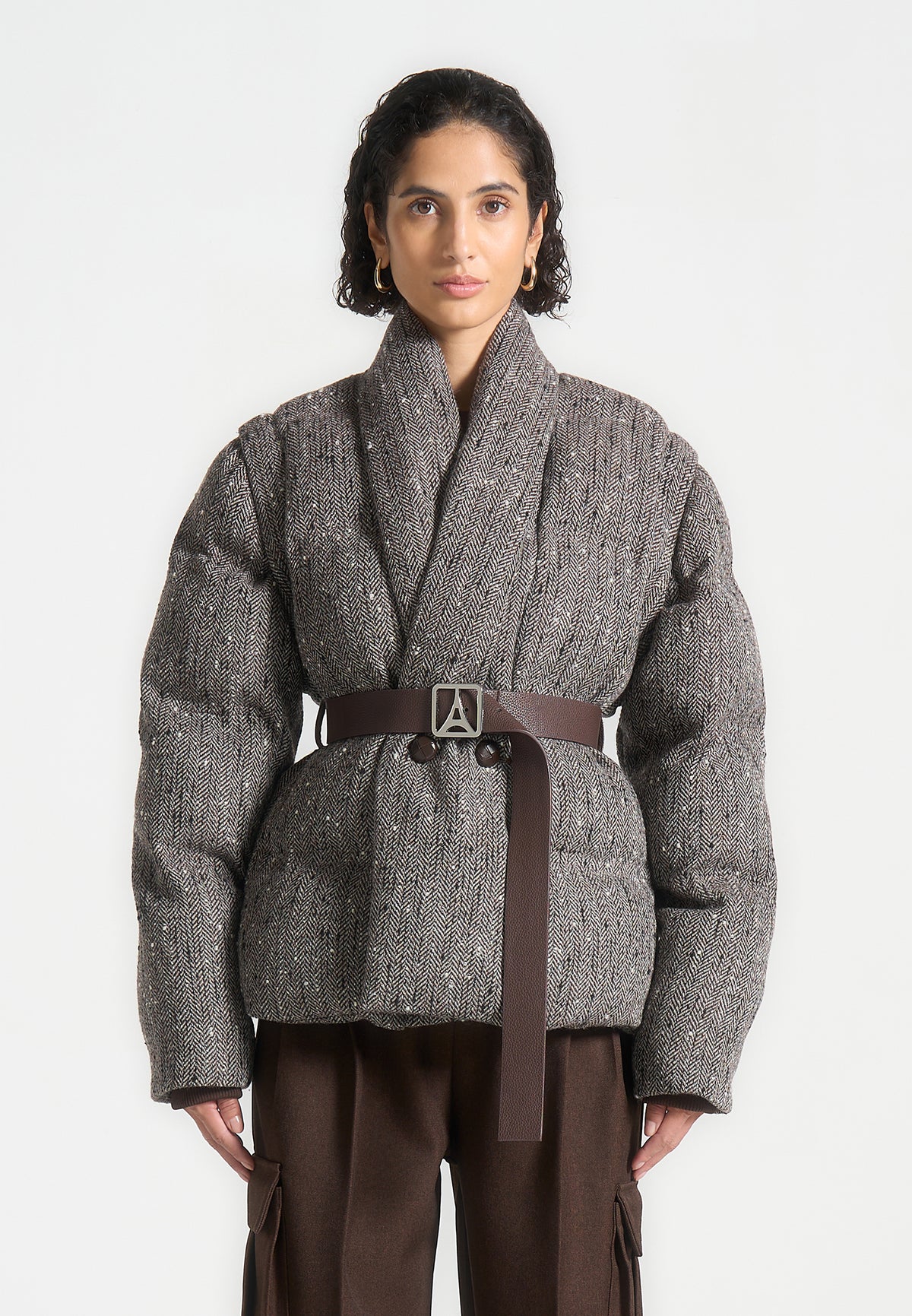 Taya - Herringbone Wool Wrap Belted Puffer Jacket - Brown