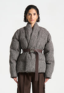 Inez - Herringbone Wool Wrap Belted Puffer Jacket - Brown
