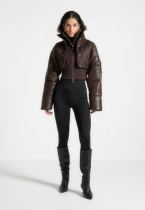 Lysandra - Leather and Nylon Layered Puffer Jacket - Brown