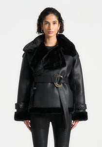 Charlène - Leather and Plush Wrap Belted Jacket - Black