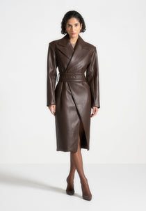 Malya - Leather Asymmetric Belted Coat - Brown