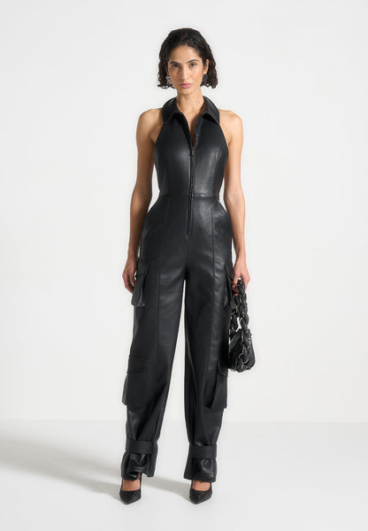 Leather Halterneck Cargo Jumpsuit Black Manière De Voir