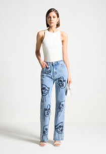Audrey - Line Art Straight Leg Jeans - Mid Blue
