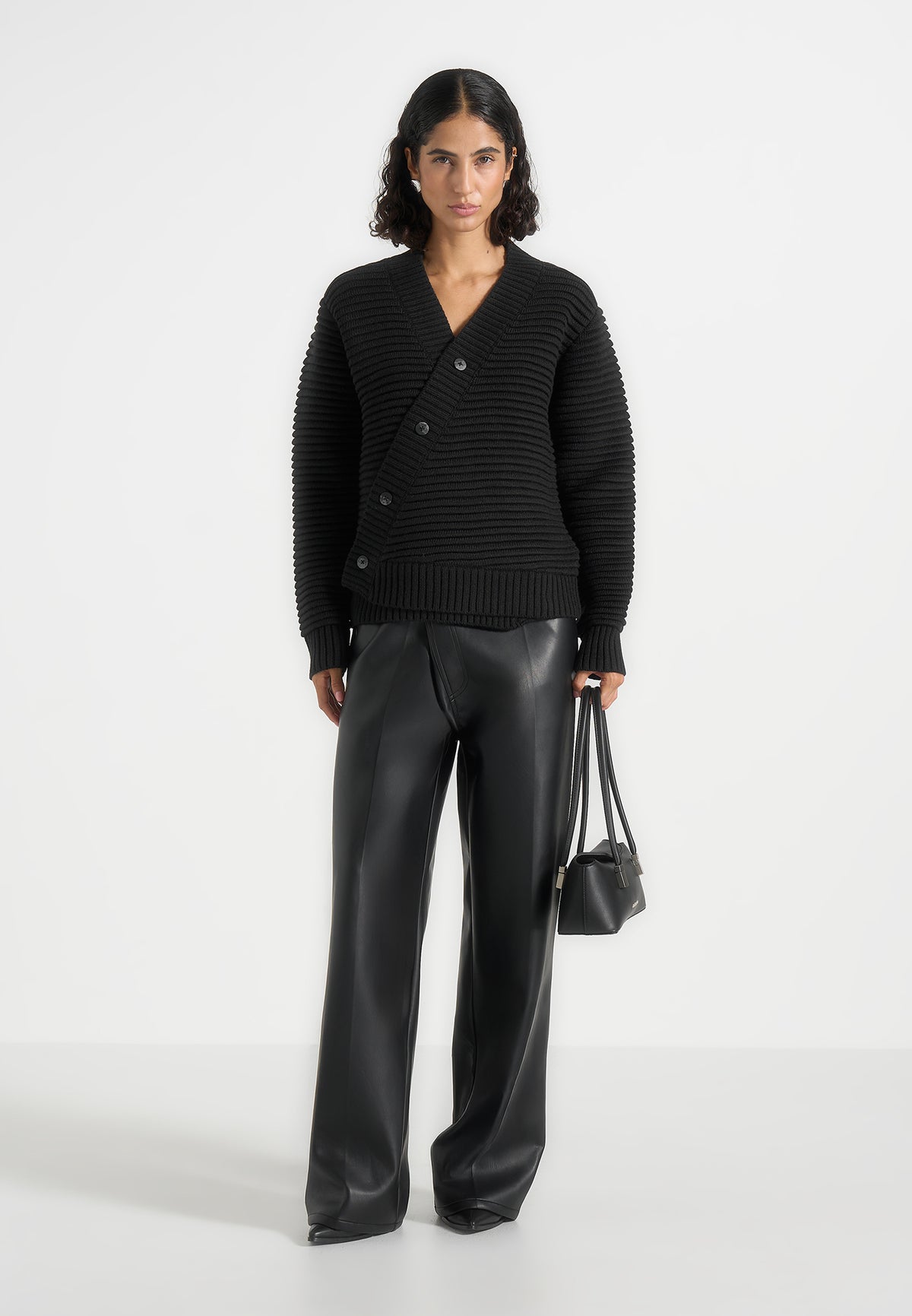 Dani - Asymmetric Brushed Wool-Blend Rib Knit Cardigan - Black