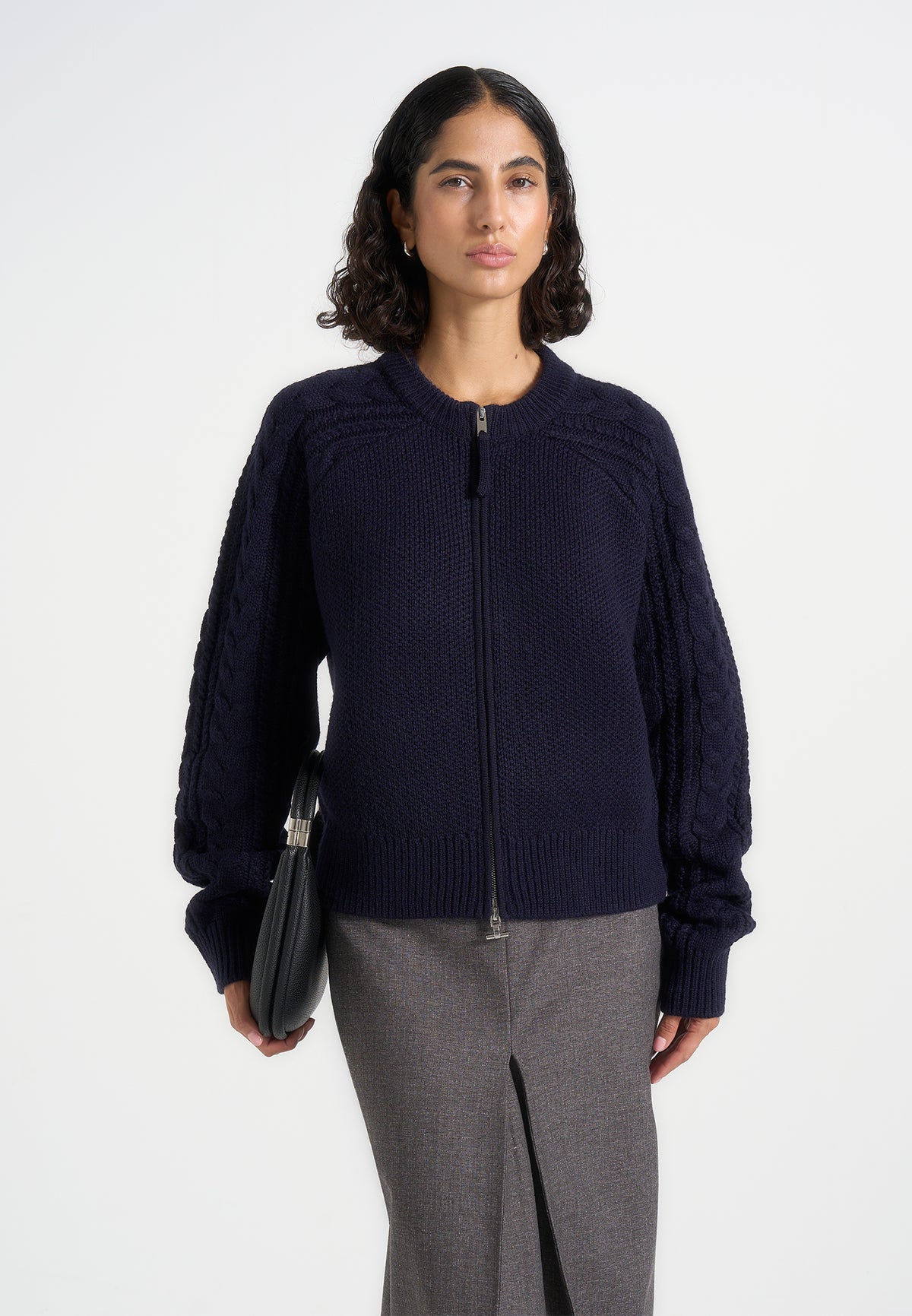 Gaby - Wool-Blend Cable Knit Raglan Cardigan - Navy
