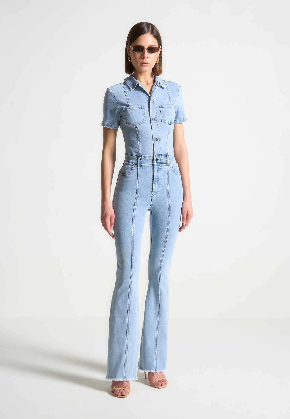 Violette - Mini Flared Denim Jumpsuit - Mid Blue
