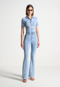Violette - Mini Flared Denim Jumpsuit - Mid Blue