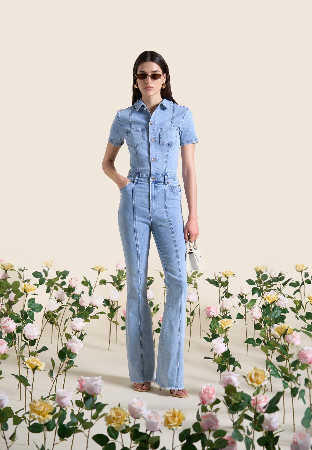 Violette - Mini Flared Denim Jumpsuit - Mid Blue
