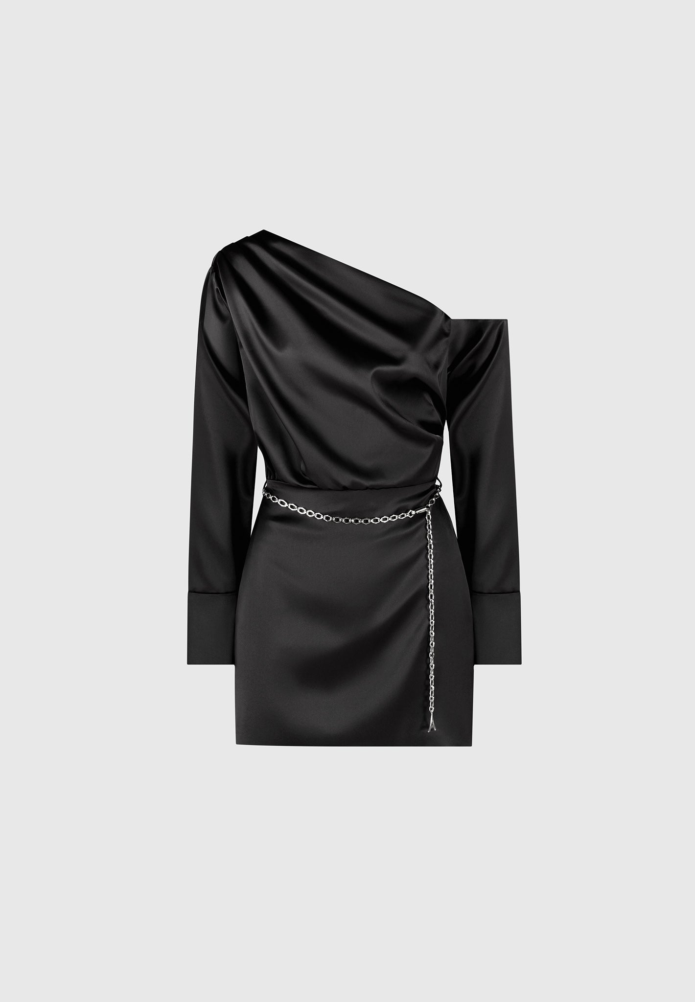 Off Shoulder Draped Satin Mini Dress with Belt - Black | Manire De Voir Off Shoulder Draped Satin Mini Dress with Belt - Black | Manire De Voir