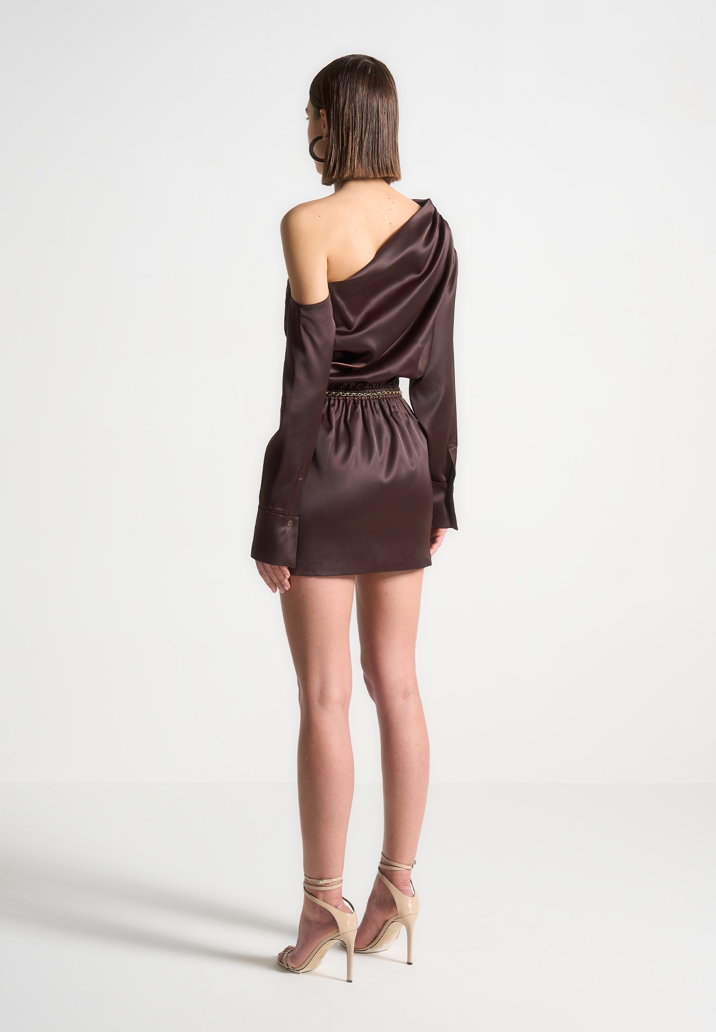 off-shoulder-draped-satin-mini-dress-with-belt-brown