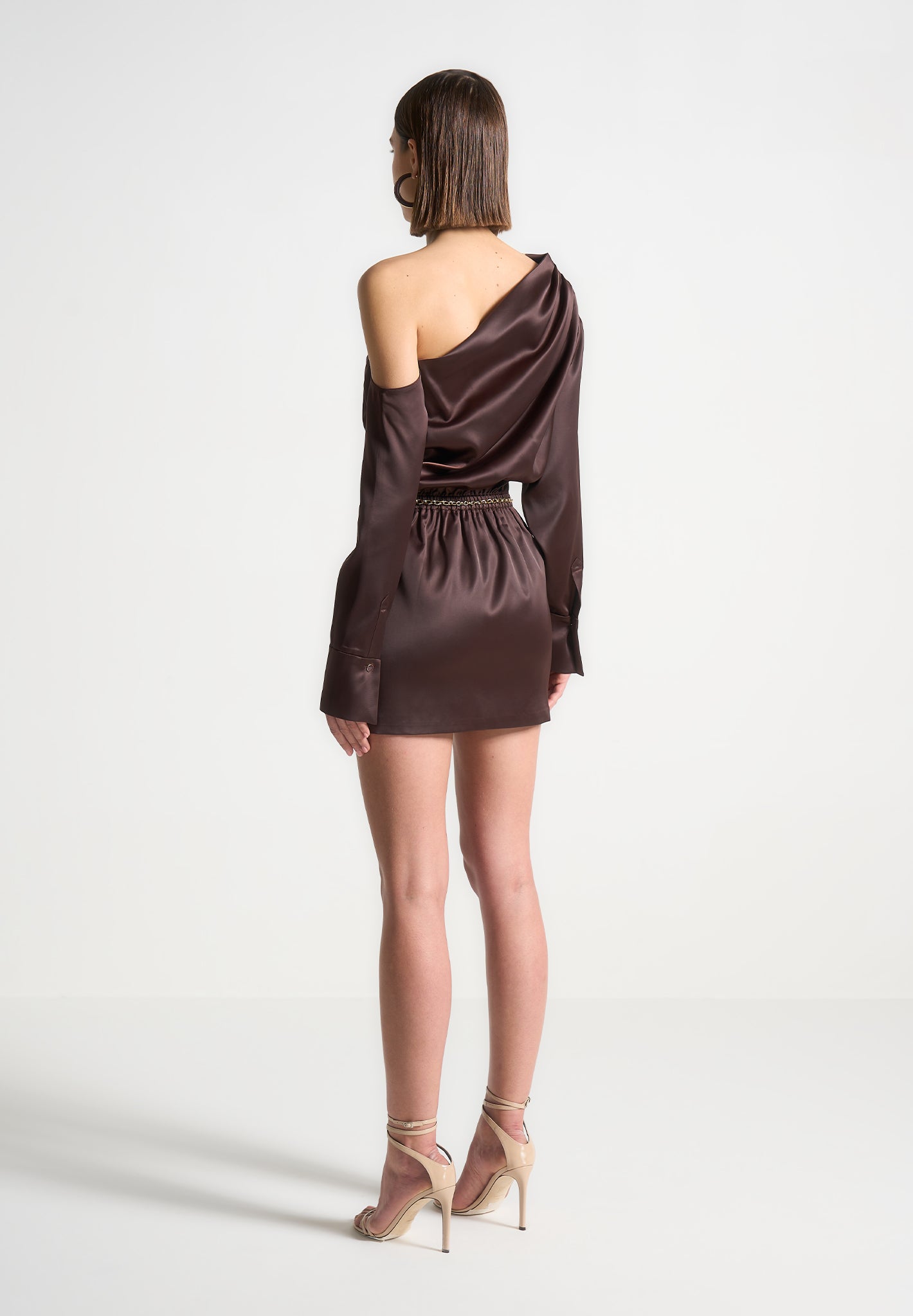 Off Shoulder Draped Satin Mini Dress with Belt - Brown | Manire De Voir Off Shoulder Draped Satin Mini Dress with Belt - Brown | Manire De Voir